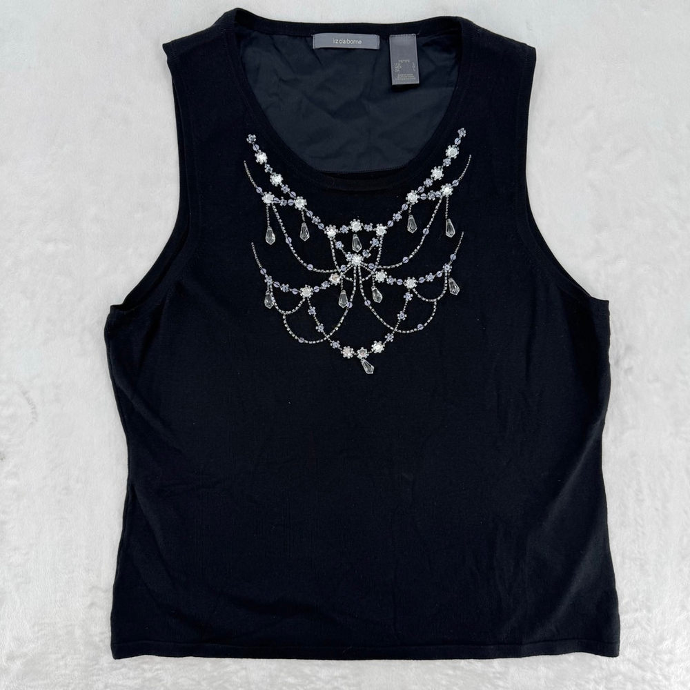 Liz Claiborne Black Tank Top Beaded Sequins Rhinestones Silk Blend Petite Large